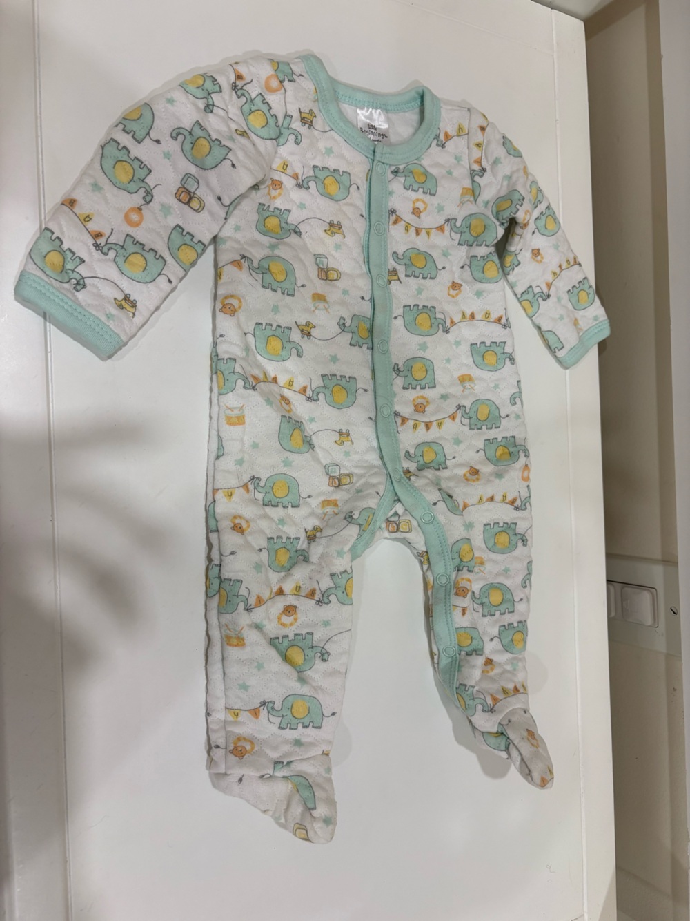 Baby Footed One-Piece in Mint and Yellow with Elephant Print
